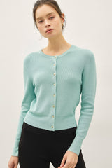 Ribbed Crew Neck Cardigan Seafoam