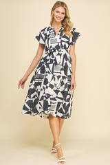 Abstract Print Tie Waist Midi Dress Navy + Ivory