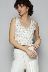 Vneck Cropped Lace Detail Knit Tank Ivory Floral