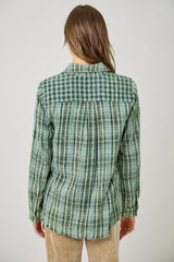 Fringe Bottom Detail Washed Plaid Shirt Washed Green
