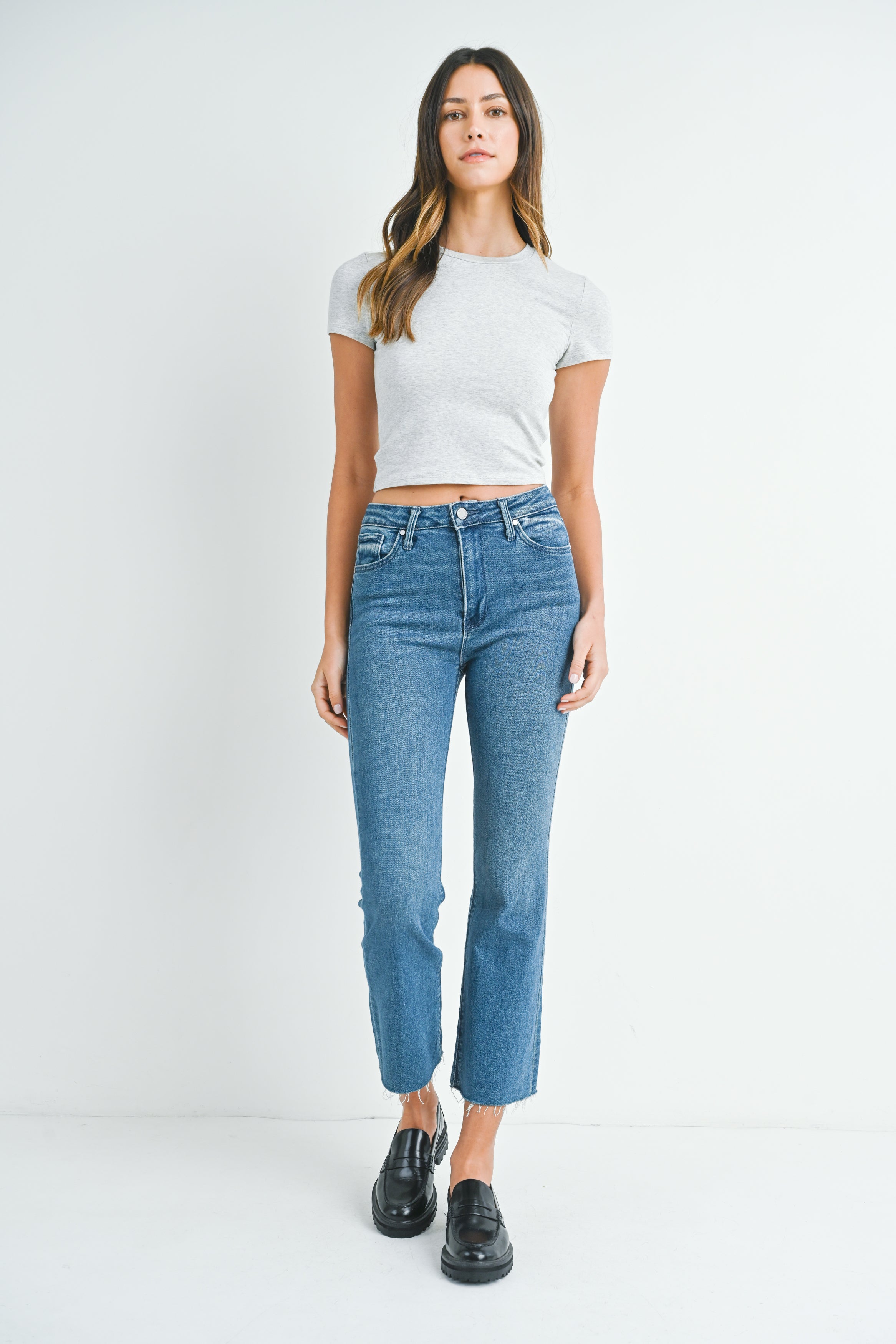 High Rise Tonal Crop Flare Jeans Medium Denim