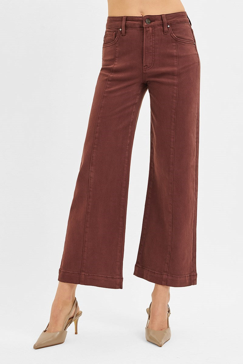 Tummy Control High Rise Crop Wide Pants Choco Brown