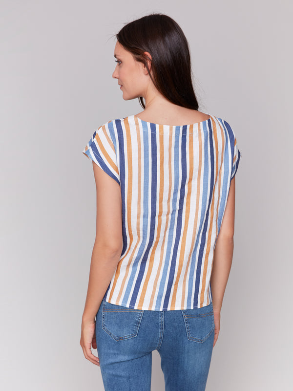Stripe Linen Tied From Cap Sleeve Top Denim