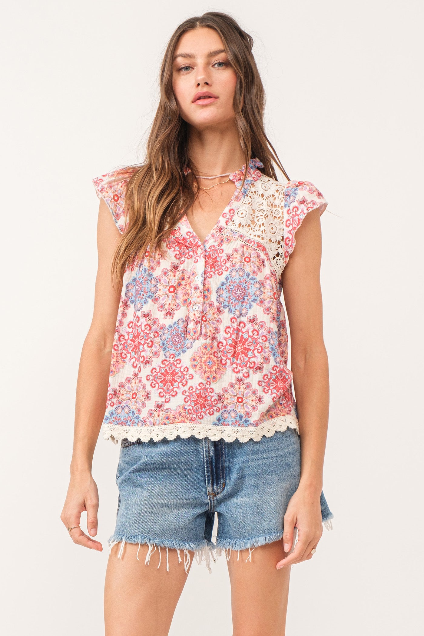 Viola Crochet Trim Henley Cap Sleeve Shirt Floral Medallion