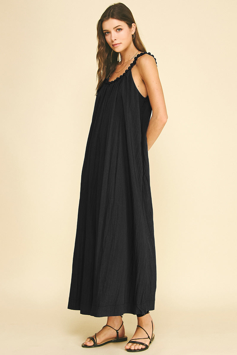 Beaded Neckline Solid Maxi Dress Black