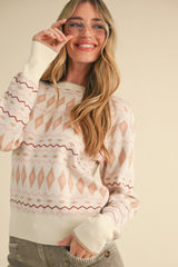Geometric Knit Long Sleeve Sweater Cream Multi