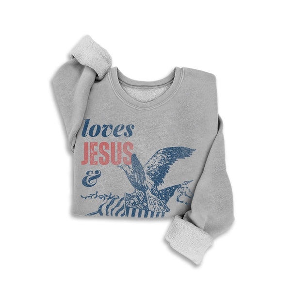Loves Jesus & America Eagle Sweatshirt Mineral Heather Grey