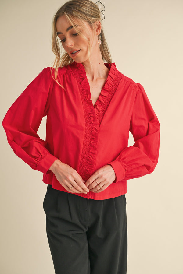 Ruffled Smock Vneck Blouse Red