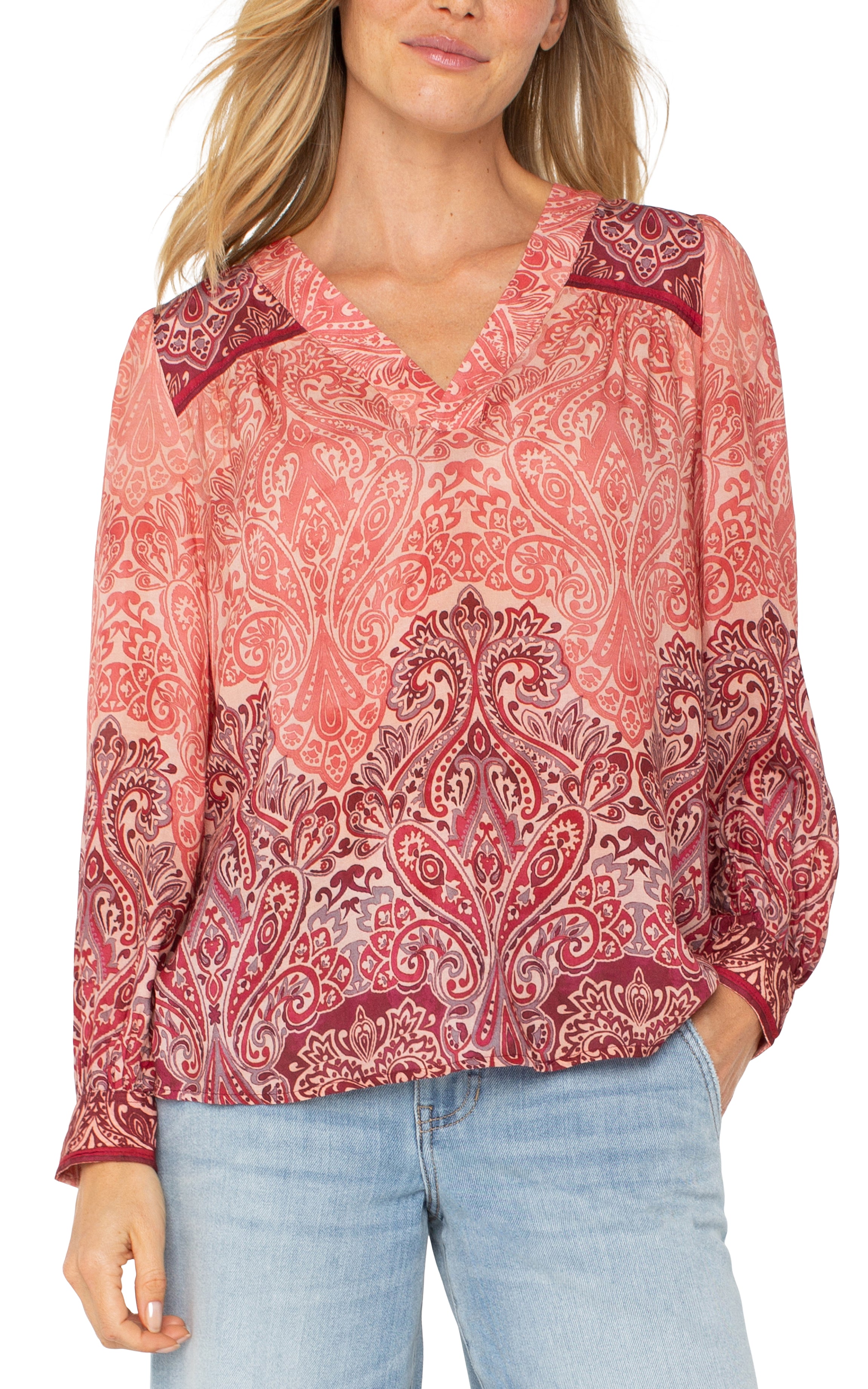 Printed Vneck Popover Woven Blouse Mauve Ombre Paisley