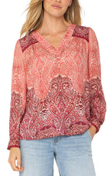 Printed Vneck Popover Woven Blouse Mauve Ombre Paisley