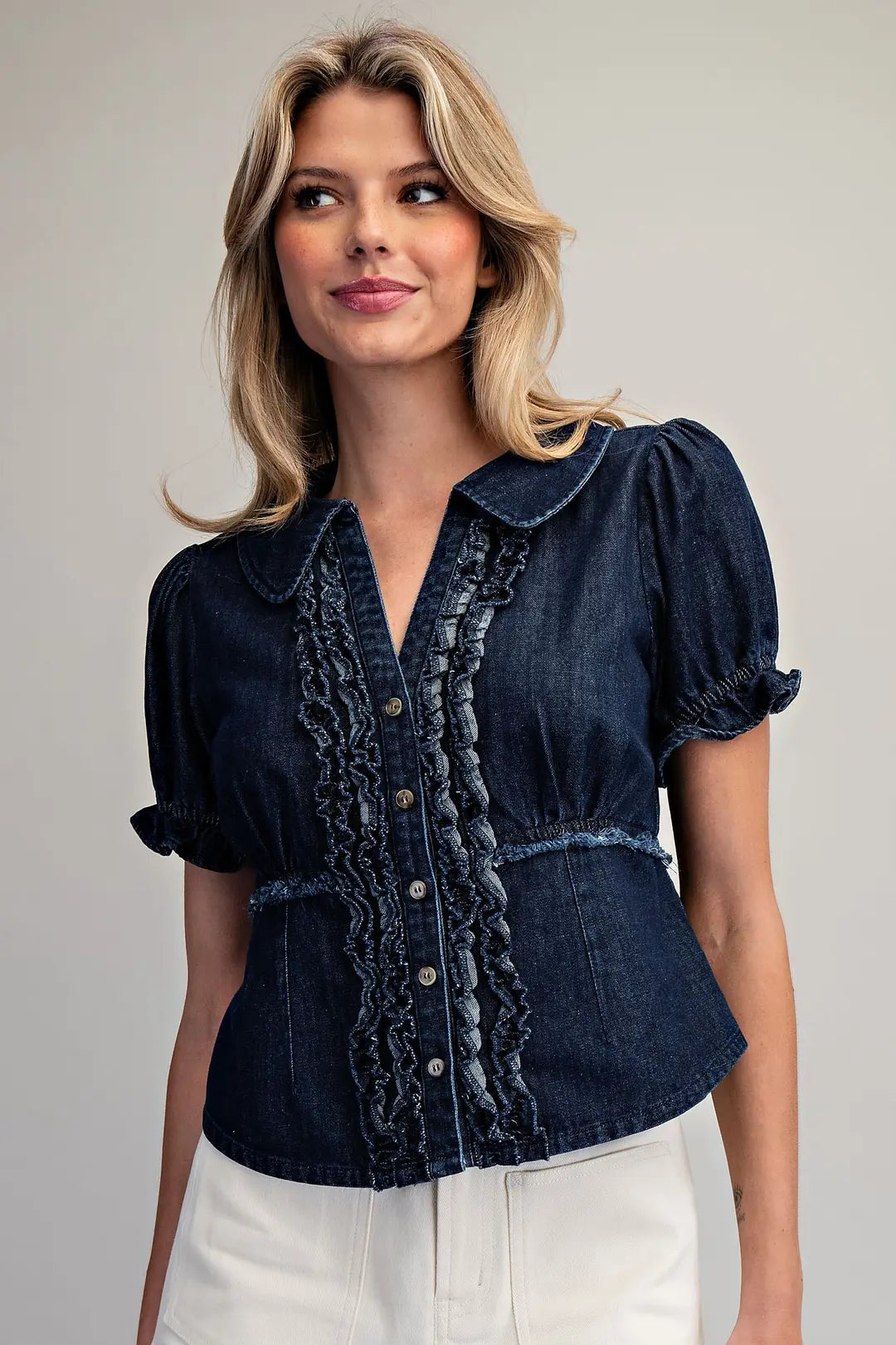 Ruffle Button Down Denim Blouse Denim
