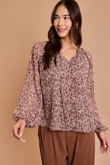 Long Sleeve Tie Neck Abstract Leopard Print Blouse Mocha Abstract