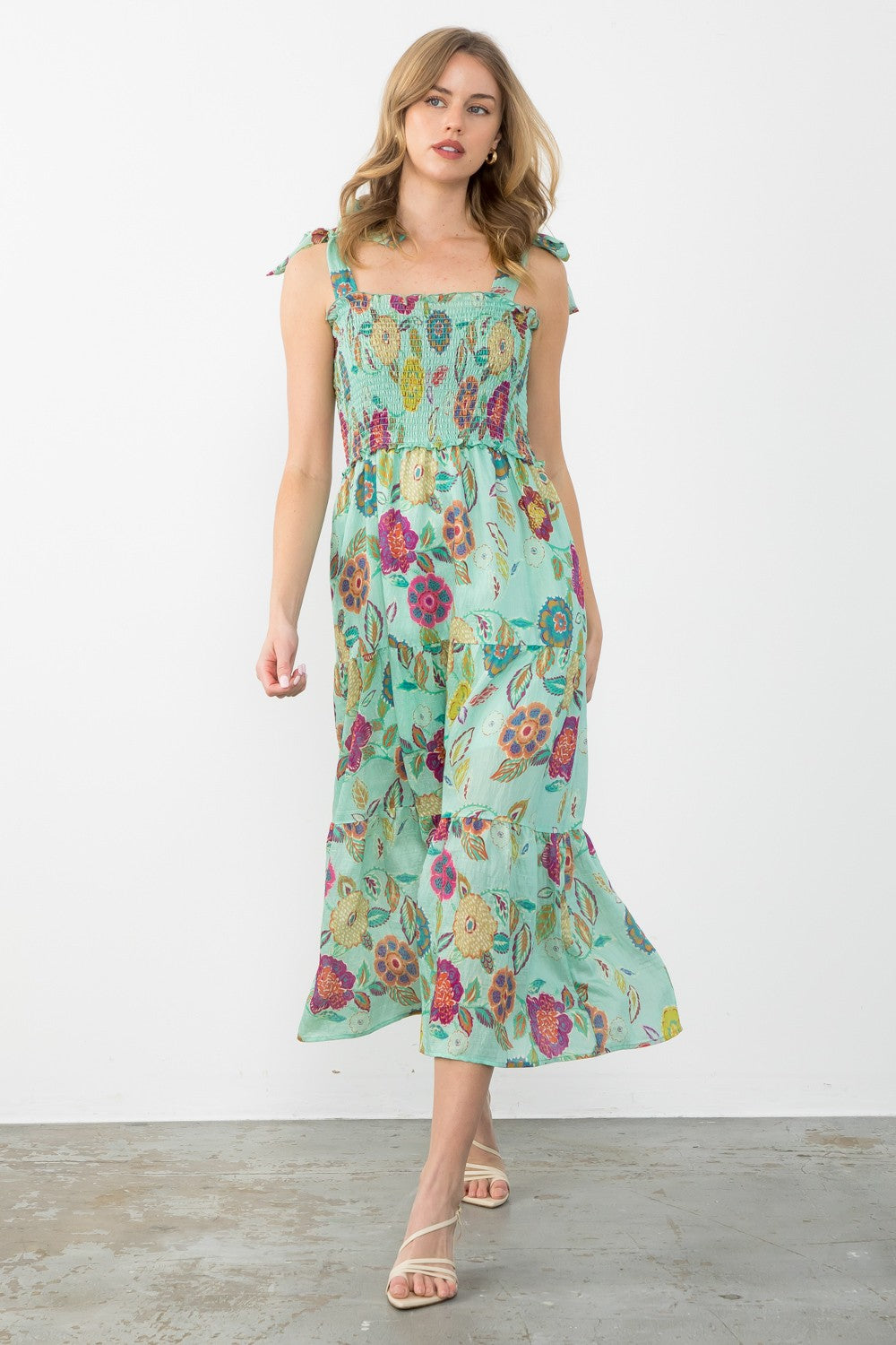 Tie Strap Smocked Tiered Retro Floral Midi Dress Sage
