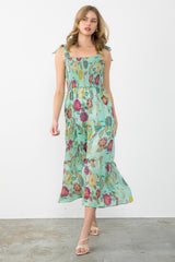 Tie Strap Smocked Tiered Retro Floral Midi Dress Sage