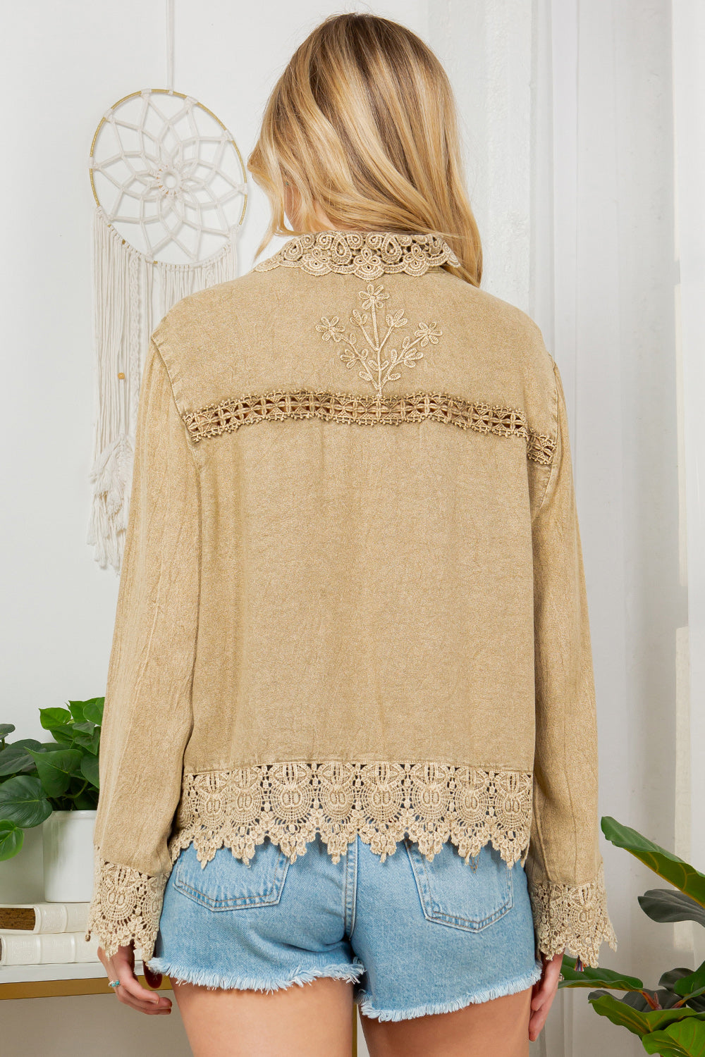Mix Lace Details Crop Jacket Khaki Green
