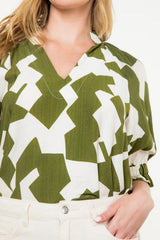 Geo Print Half Ruffle Sleeve Top Olive