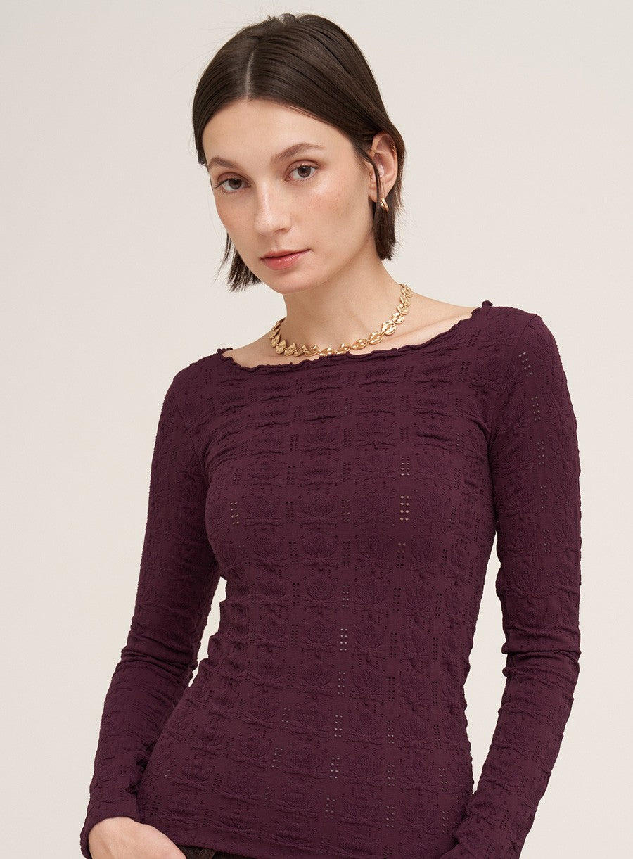 Floral Pointelle Lettuce Edge Long Sleeve Top Raisin