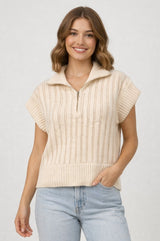 Open Knit 3/4 Zip Sweater Vest Ivory