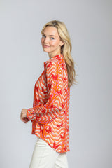 Collared Vneck Printed Blouse Bright Orange Butterflies