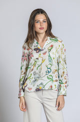 Smocked Cuff Split Neck Blouse White Multi