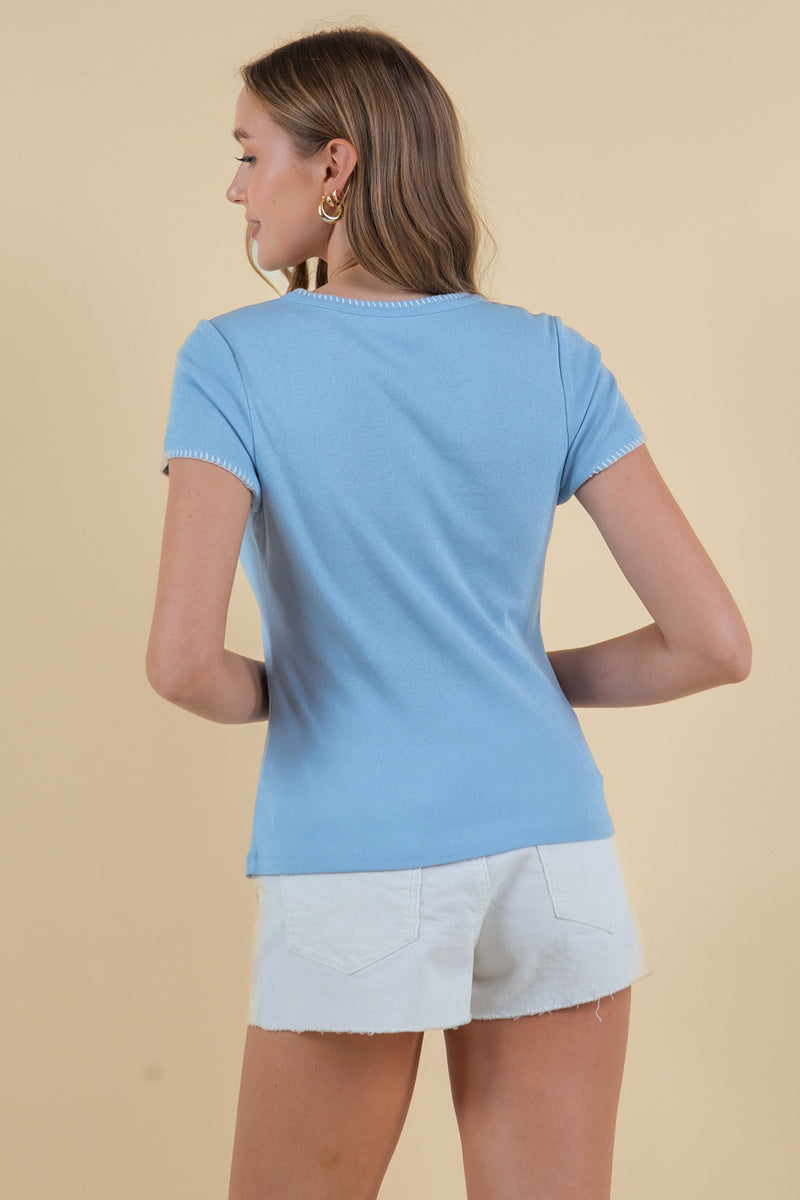 Whipstitch Detail Cotton Jersey Tee Powder Blue