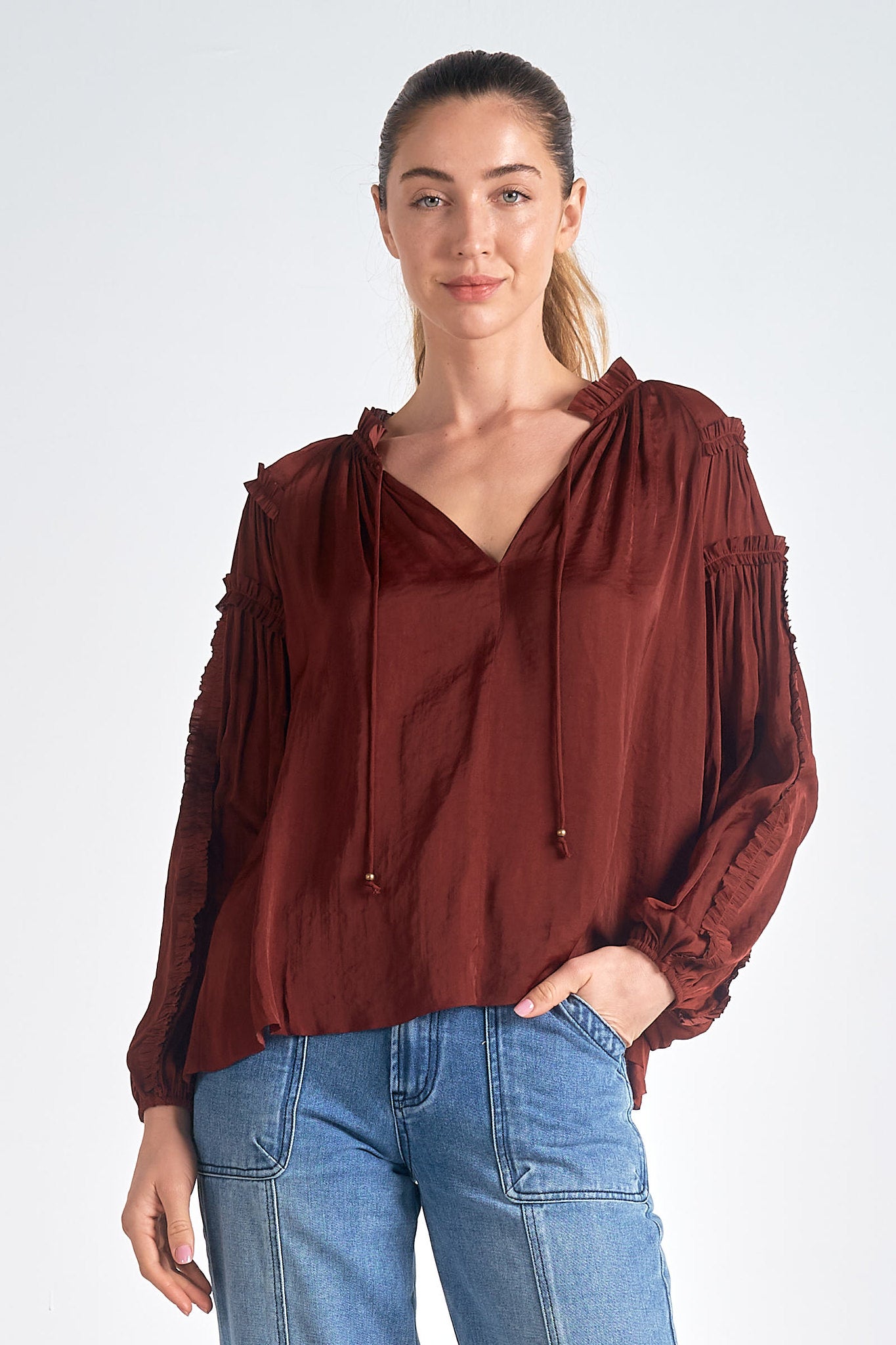 Ruffle Details Tie Neck Satin Blouse Brick