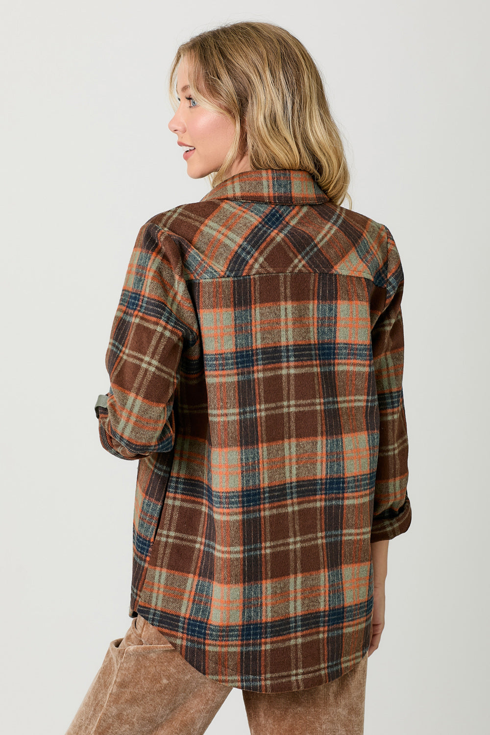 Rolled Tab Sleeve Plaid Shacket Chocolate