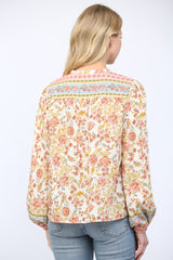 Border Floral Print Tie Neck Peasant Blouse Cream Multi
