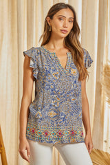 Emb. Border Floral Paisleys Flutter Sleeve Top Navy Multi