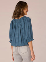 Elbow Blouson Sleeve Smocked Bubble Hem Top Wistful Teal