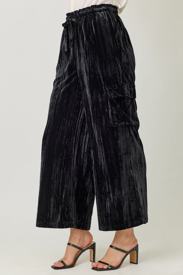 Velvet Wide Leg Cargo Pants Black