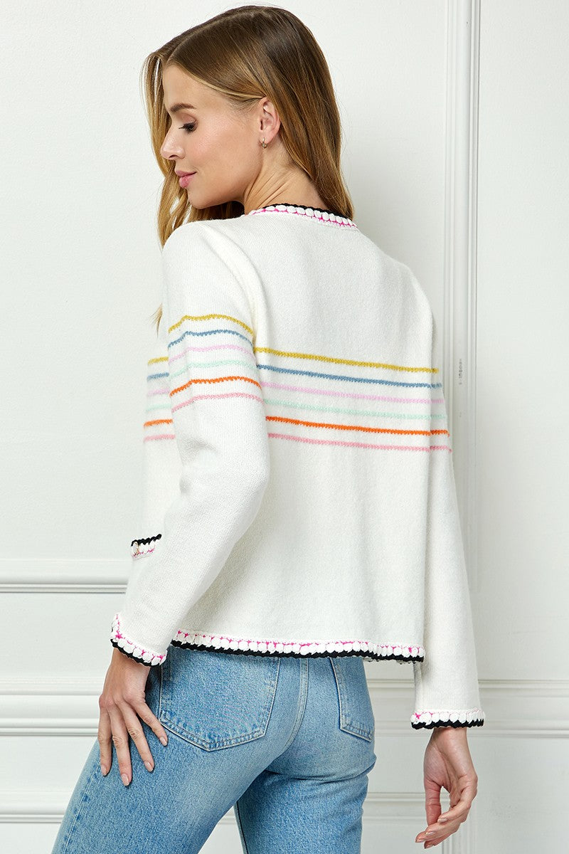 Trimmed Detail Stripe Sweater Cardigan Cream