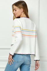 Trimmed Detail Stripe Sweater Cardigan Cream