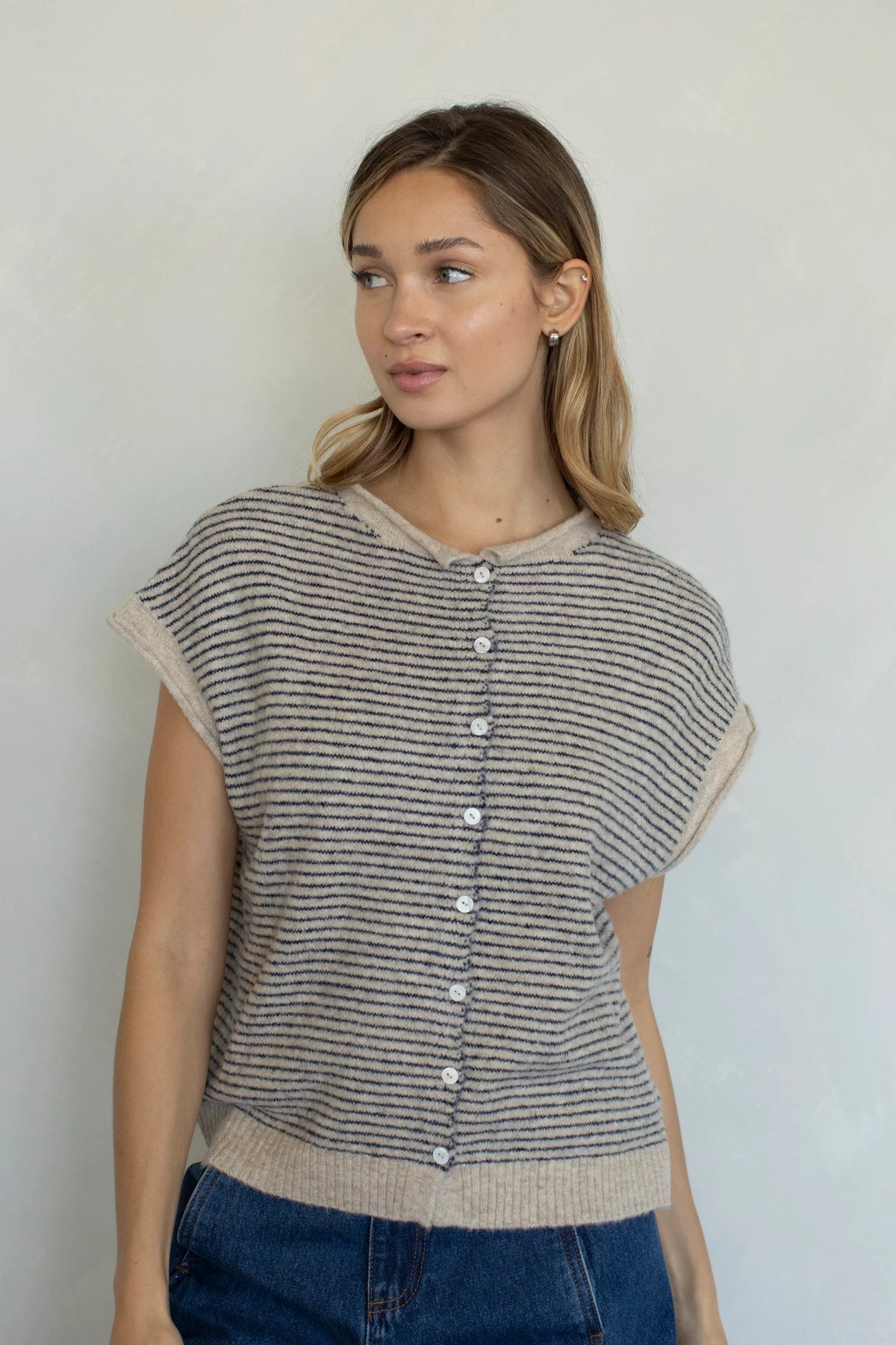 Striped Piper Vest Cardigan Natural