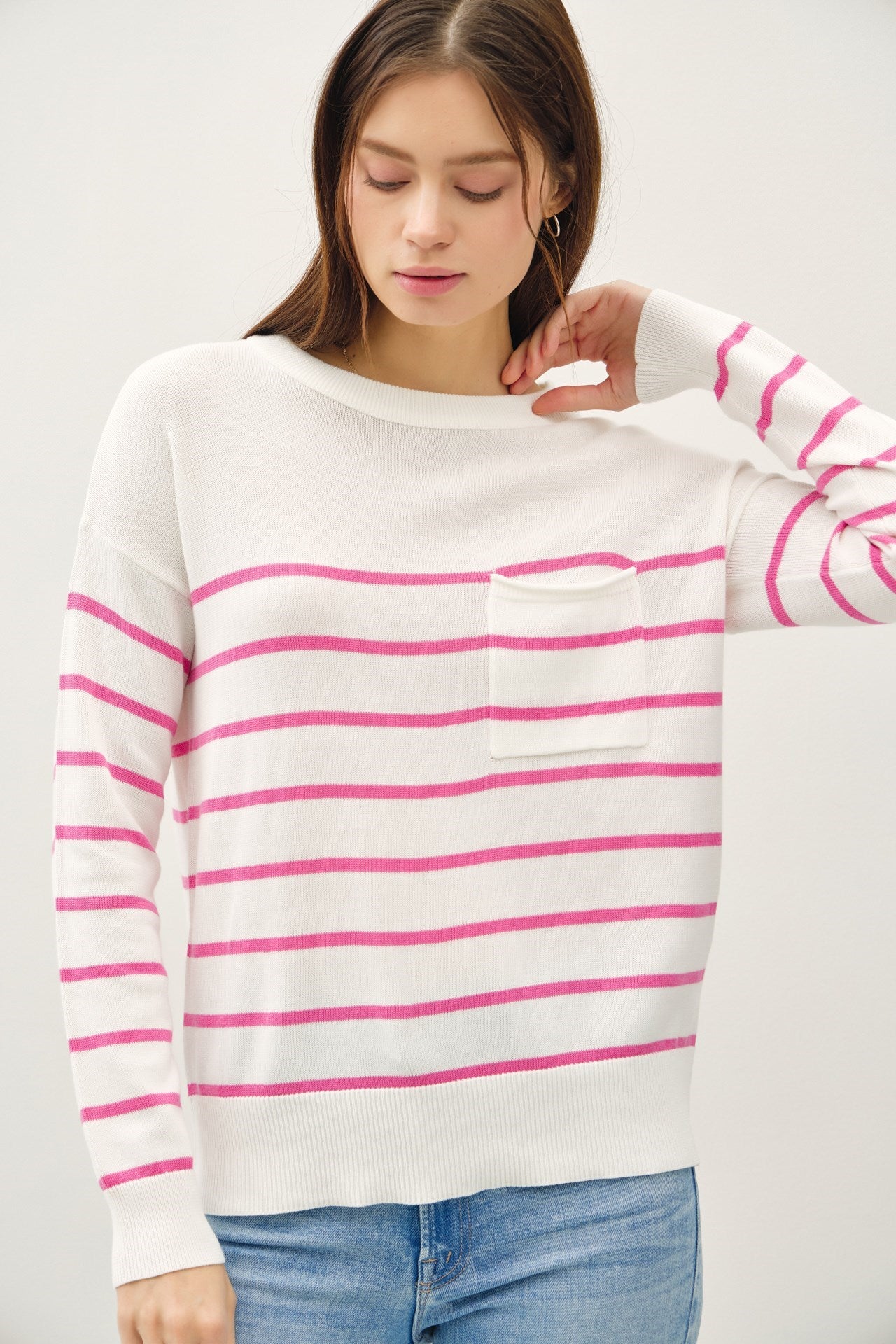 Lightweight Striped Single Pocket Sweater Fuchsia