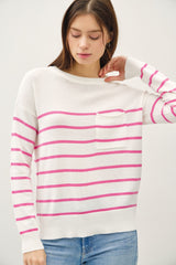 Lightweight Striped Single Pocket Sweater Fuchsia