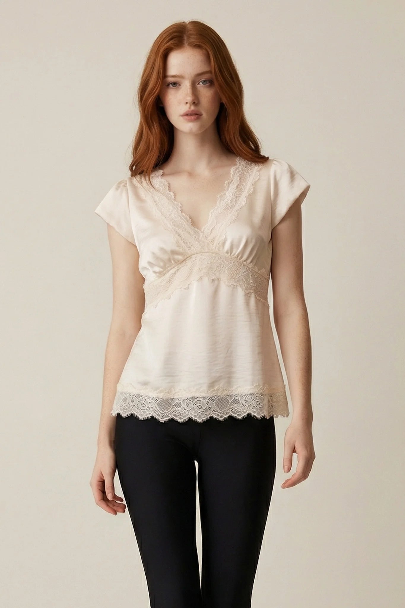 Short Sleeve Lace Trimmed Top Ivory