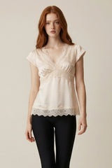Short Sleeve Lace Trimmed Top Ivory