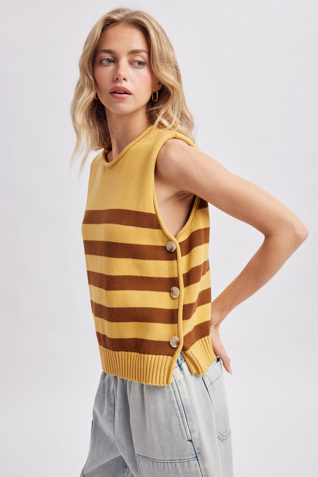 Striped Side Button Sweater Vest Mustard + Chocolate