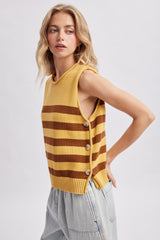 Striped Side Button Sweater Vest Mustard + Chocolate
