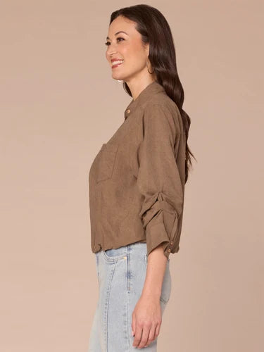 Bubble Hem 3/4 Tucked Sleeve Button Down Shirt Moonrock