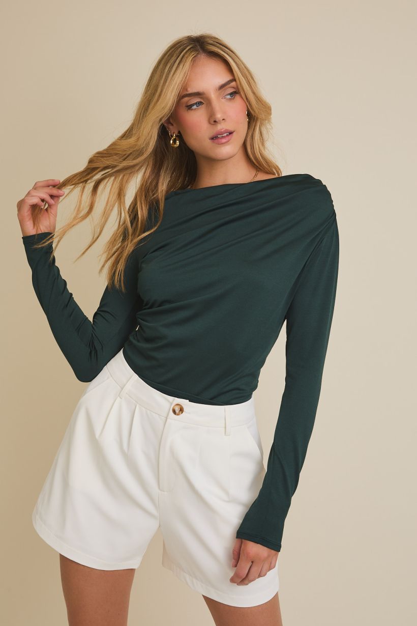 Draped Asymmetric Neckline Long Sleeve Top Dark Green