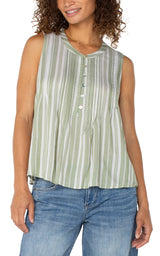 Pintuck Printed Button Detail Tank Green White Stripe