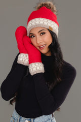 Square Pattern Knit Mittens Red