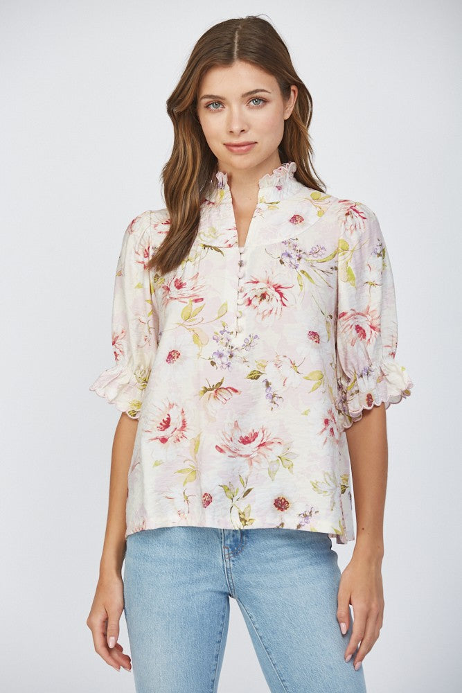 Ruffle Stand Collar Front Button Placket Detail Blouse Pink Multi