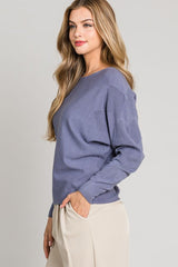 Mix Textured Sleeves Dolman Pullover Sweater Blue Iris