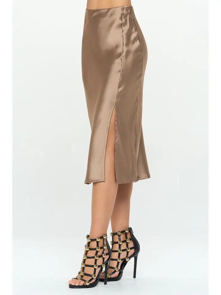 Solid Stretch Satin Midi Slit Skirt Dune