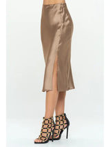 Solid Stretch Satin Midi Slit Skirt Dune