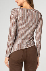 Boat Neck Asymmetric Pleated Knit Top Brown + Ivory Stripe