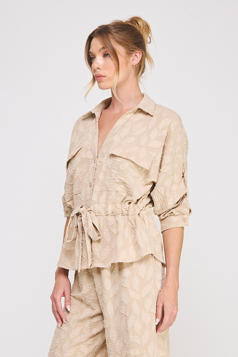 Jacquard Utility Tie Waist Top Taupe